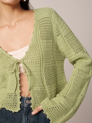 Green Tie Front Stitch Detail Cardigan - Image 5 of 7