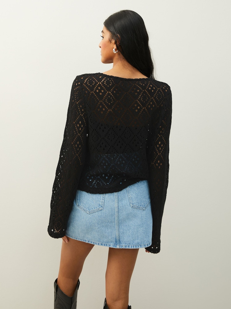 Black Wide Sleeve Crochet Jumper - Image 2 of 5