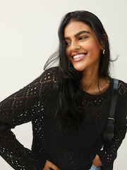 Black Wide Sleeve Crochet Jumper - Image 3 of 5