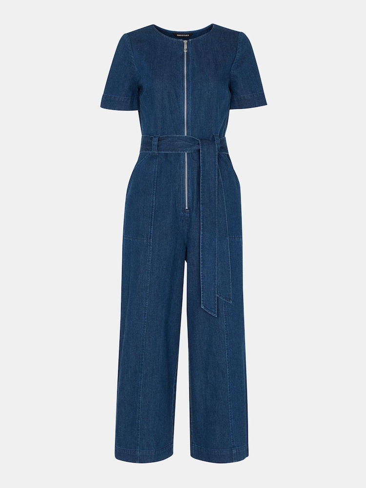 Whistles Blue 100% Cotton Short Sleeve Denim Jumpsuit - Image 5 of 5
