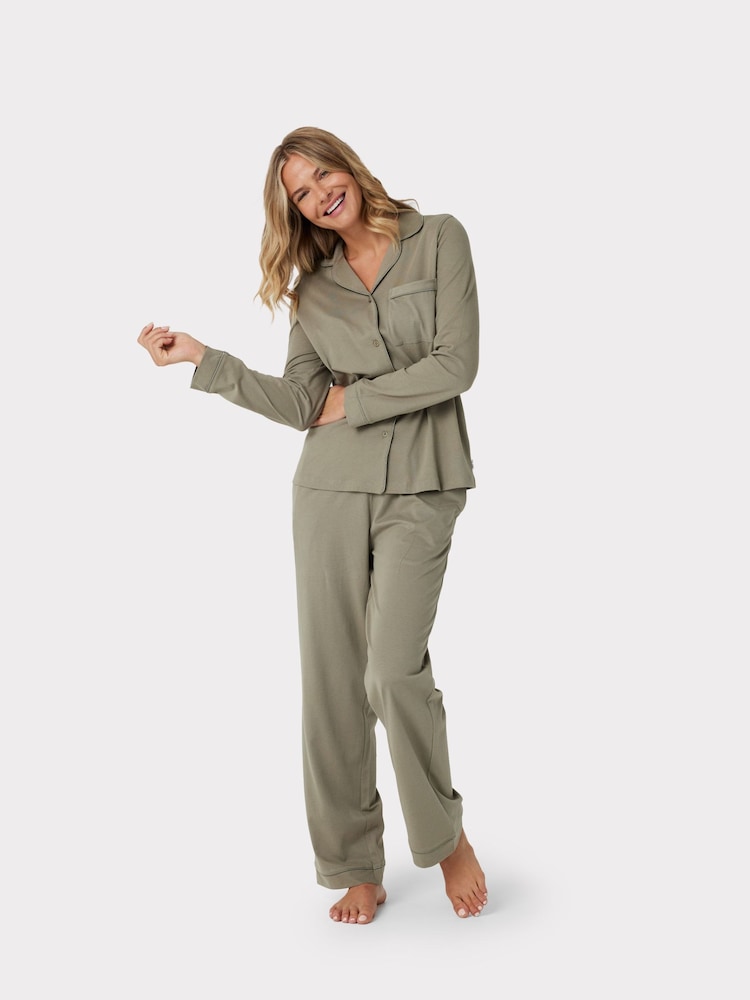 Chelsea Peers Green Organic Cotton Button Up Pyjama Set - Image 1 of 5 Chelsea Peers Green Organic Cotton Button Up Pyjama Set - Image 1 of 5