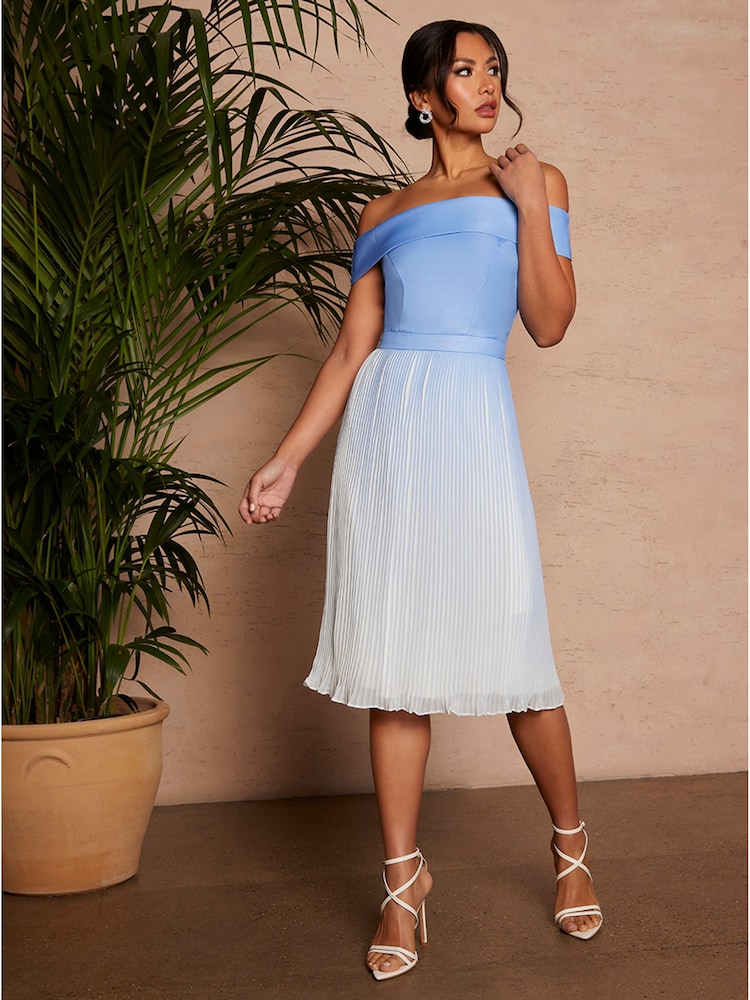 Chi Chi London Blue Bardot Ombre Pleated Dress - Image 1 of 4