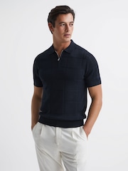 Reiss Navy Mosaic Half Zip Textured Polo Shirt - Image 1 of 6