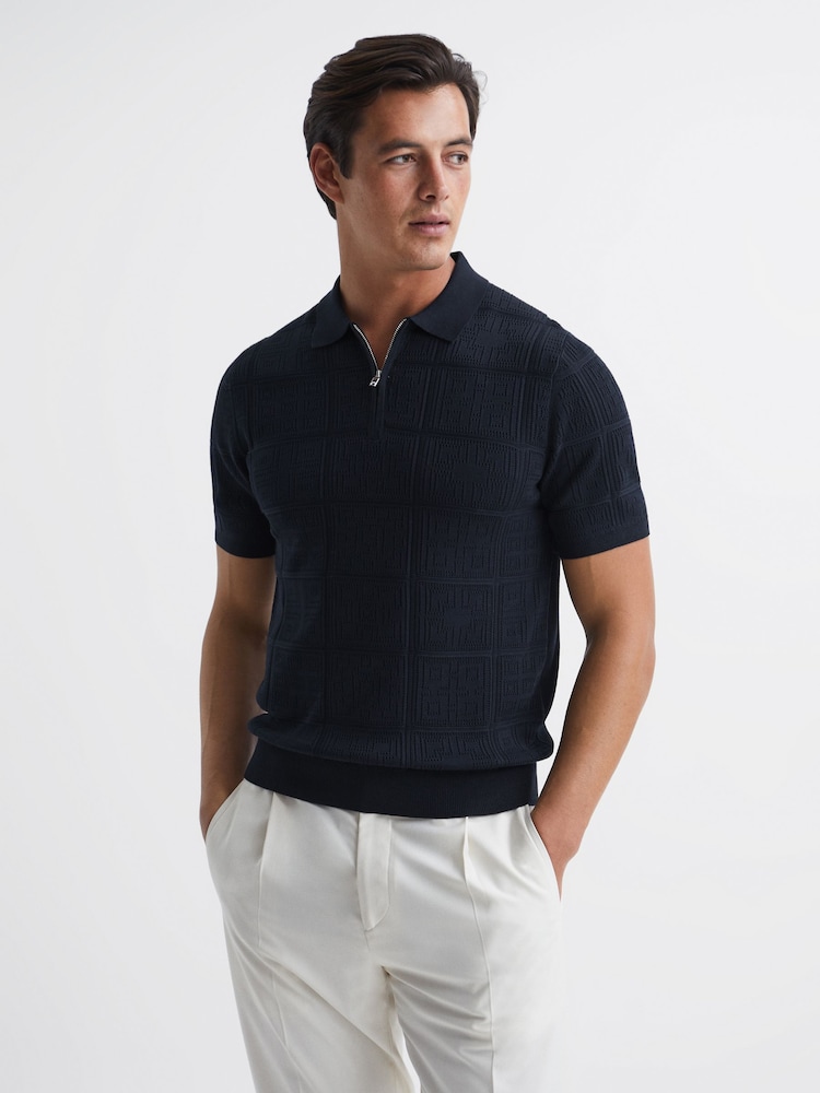 Reiss Navy Mosaic Half Zip Textured Polo Shirt - Image 1 of 6