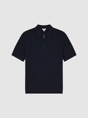 Reiss Navy Mosaic Half Zip Textured Polo Shirt - Image 2 of 6