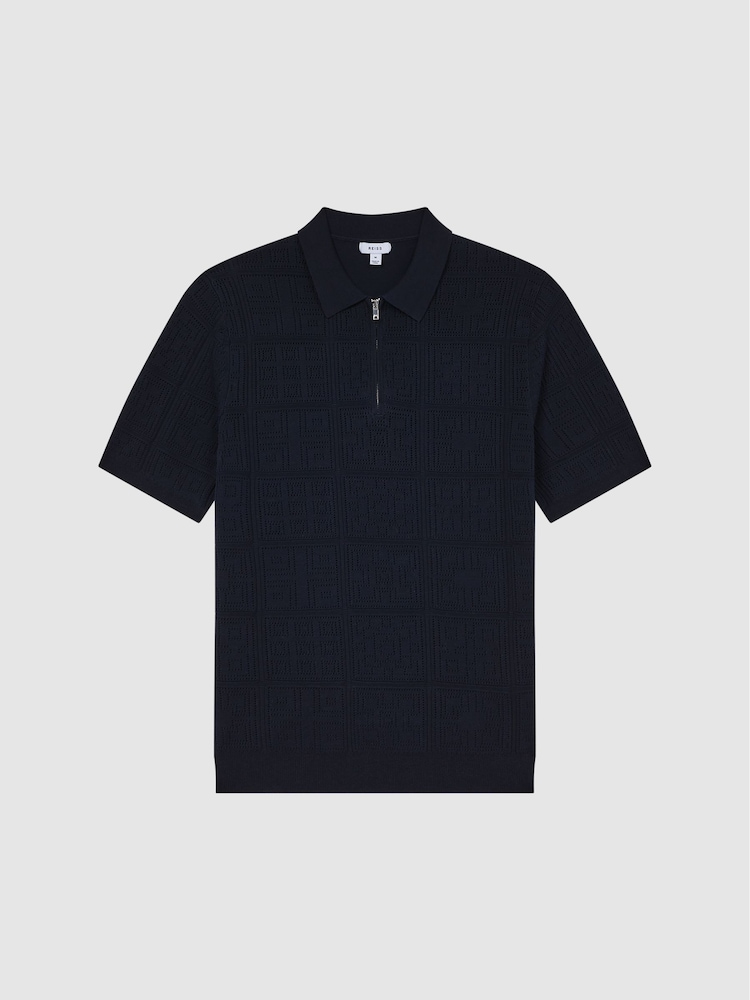 Reiss Navy Mosaic Half Zip Textured Polo Shirt - Image 2 of 6