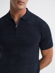 Reiss Navy Mosaic Half Zip Textured Polo Shirt - Image 4 of 6