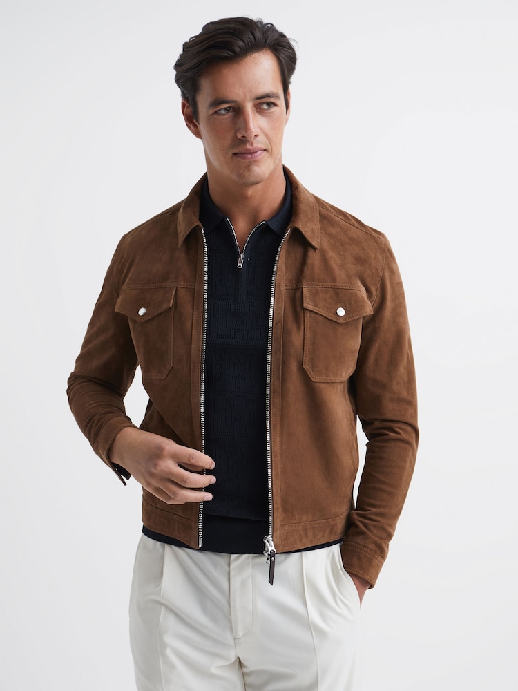 Reiss Navy Mosaic Half Zip Textured Polo Shirt - Image 6 of 6
