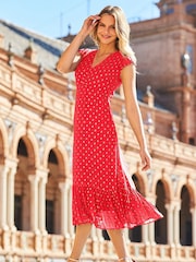 Sosandar Red Metallic Spot Print Ruffle Detail Midi Dress - Image 3 of 3