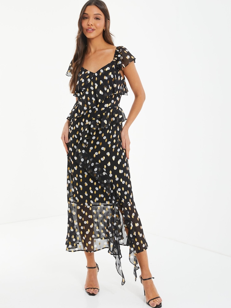 Quiz Black Chiffon Polka Dot Dress - Image 1 of 4