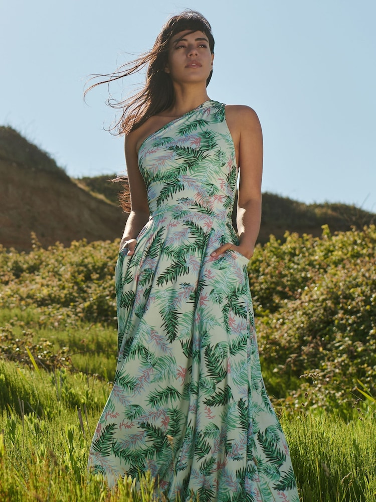 Jolie Moi Green Leaf Print One Shoulder Maxi Dress - Image 1 of 1
