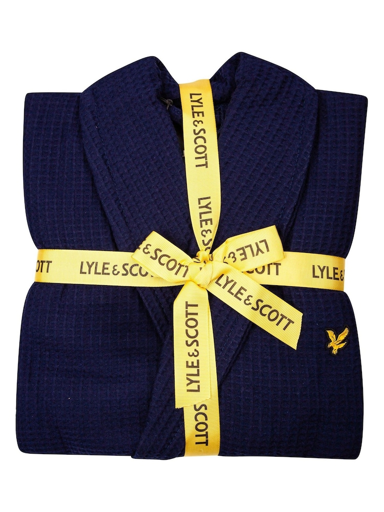 Lyle & Scott Blue 100% Cotton Premium Waffle Bathrobe - Image 2 of 3