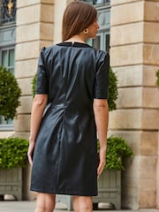 Sosandar Black Pocket Detail Leather Look Shift Dress With Gold Buttons - Image 2 of 5