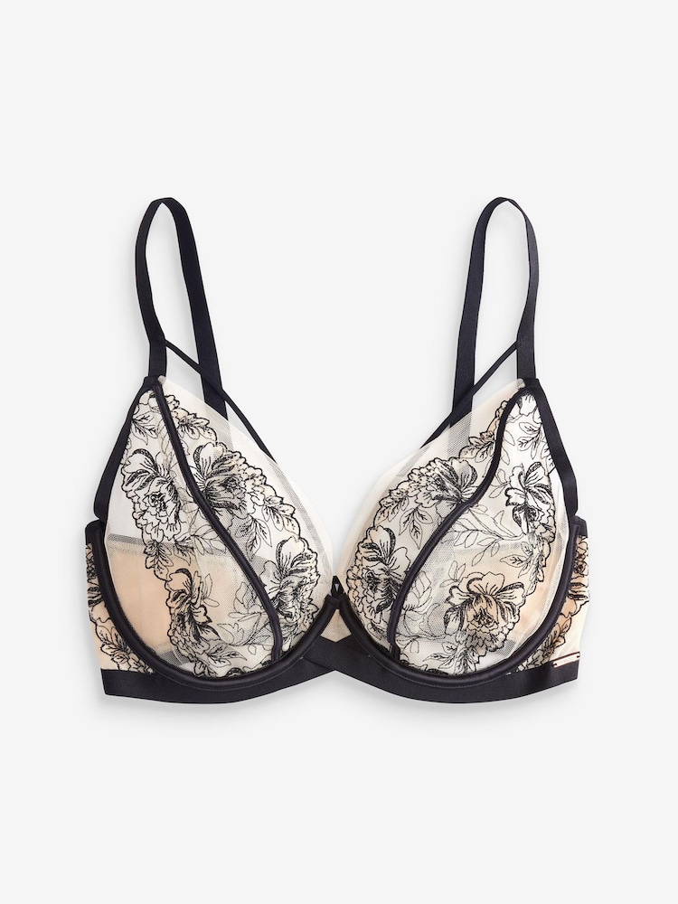 Black DD+ Embroidered Non Pad Wired Plunge Bra - Image 1 of 5 Black DD+ Embroidered Non Pad Wired Plunge Bra - Image 1 of 5
