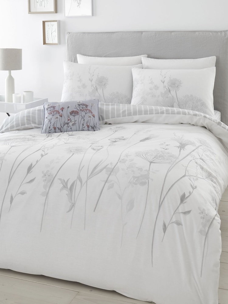 Catherine Lansfield Grey/White Meadowsweet Floral Reversible Duvet Cover Set - Image 1 of 3