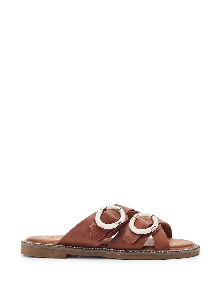 Moda in Pelle Brown Navya Flat Cross Straps Mule Sandals - Image 1 of 4 Moda in Pelle Brown Navya Flat Cross Straps Mule Sandals - Image 1 of 4