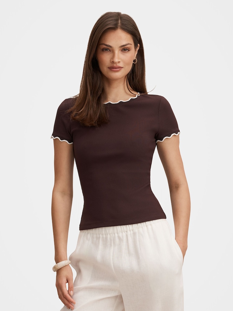 Forever New Brown Rebecca Scallop Trim T-Shirt - Image 1 of 5 Forever New Brown Rebecca Scallop Trim T-Shirt - Image 1 of 5
