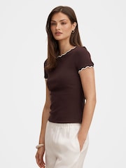 Forever New Brown Rebecca Scallop Trim T-Shirt - Image 3 of 5