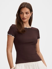 Forever New Brown Rebecca Scallop Trim T-Shirt - Image 4 of 5