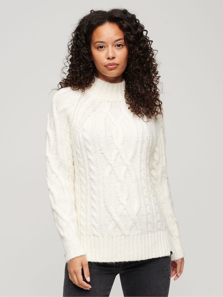 Superdry White 100% Cotton High Neck Cable Knit Jumper - Image 1 of 6