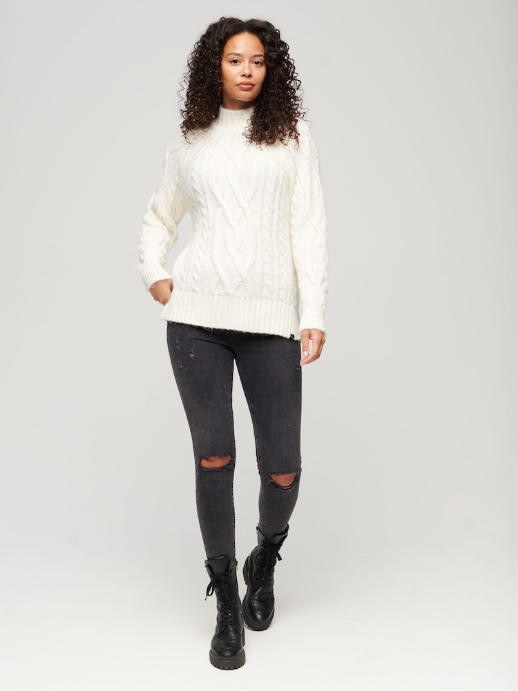 Superdry White 100% Cotton High Neck Cable Knit Jumper - Image 2 of 6