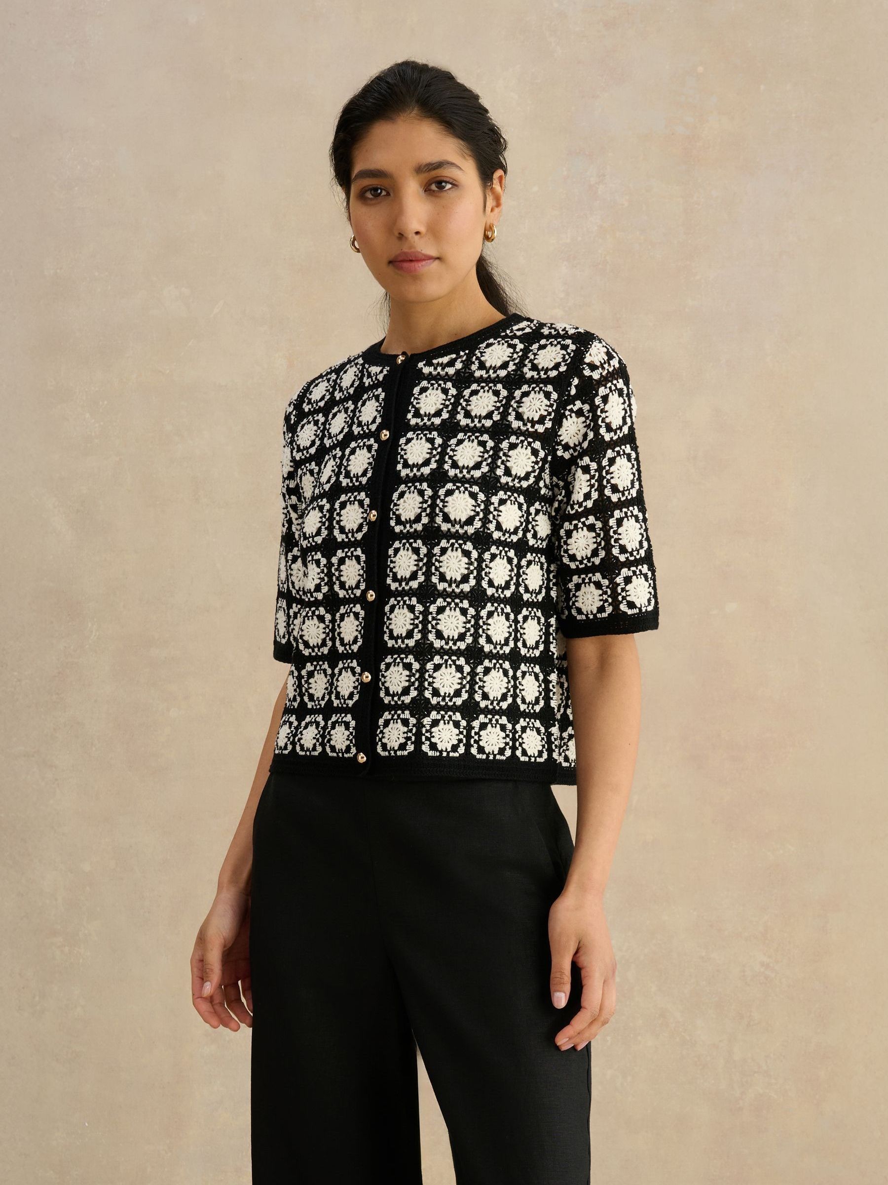 Buy Hobbs Ivory Navy Sophia Crochet Short Sleeve Cardigan from the