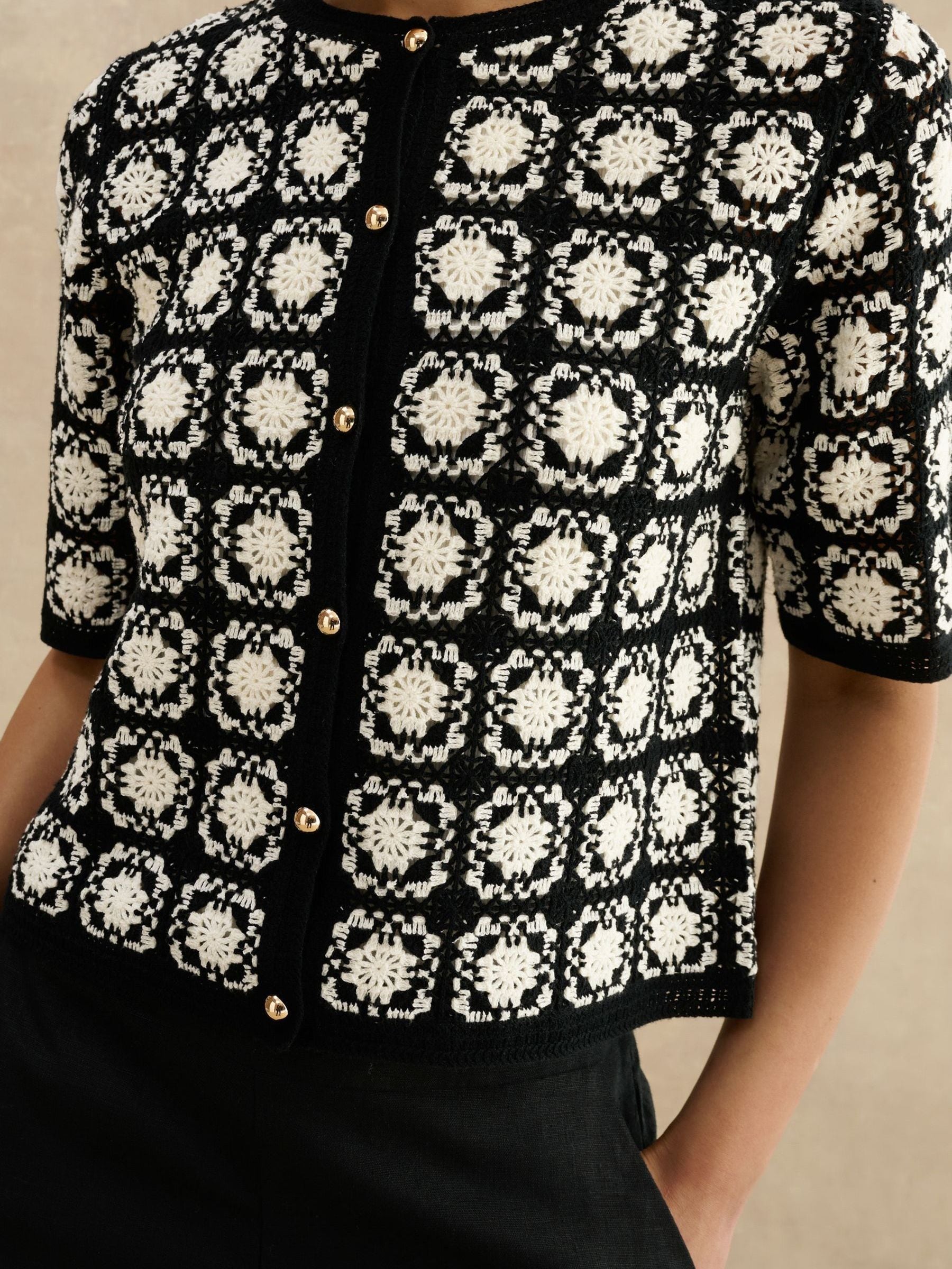 Buy Hobbs Ivory Navy Sophia Crochet Short Sleeve Cardigan from the