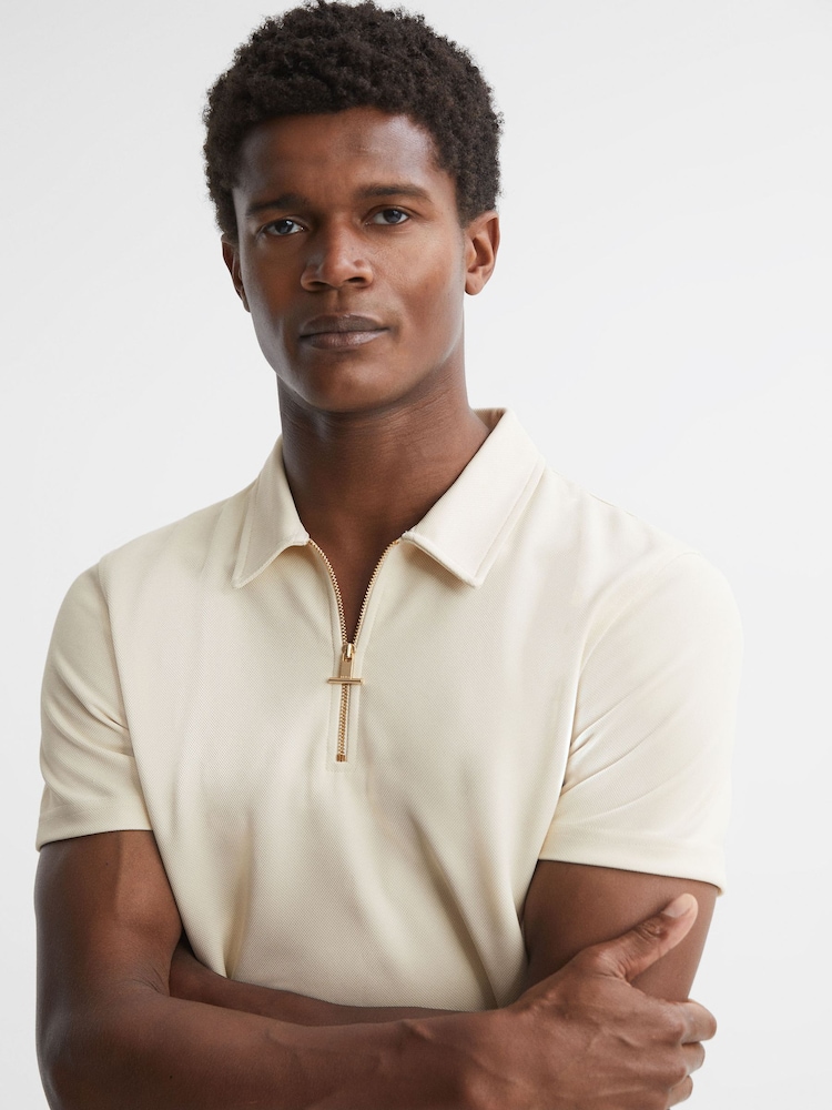 Reiss Ecru Floyd Slim Fit Half-Zip Polo Shirt - Image 1 of 5