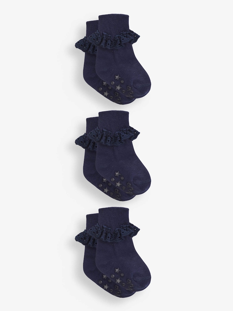 JoJo Maman Bébé Navy Blue 3-Pack Frilly Socks - Image 1 of 1