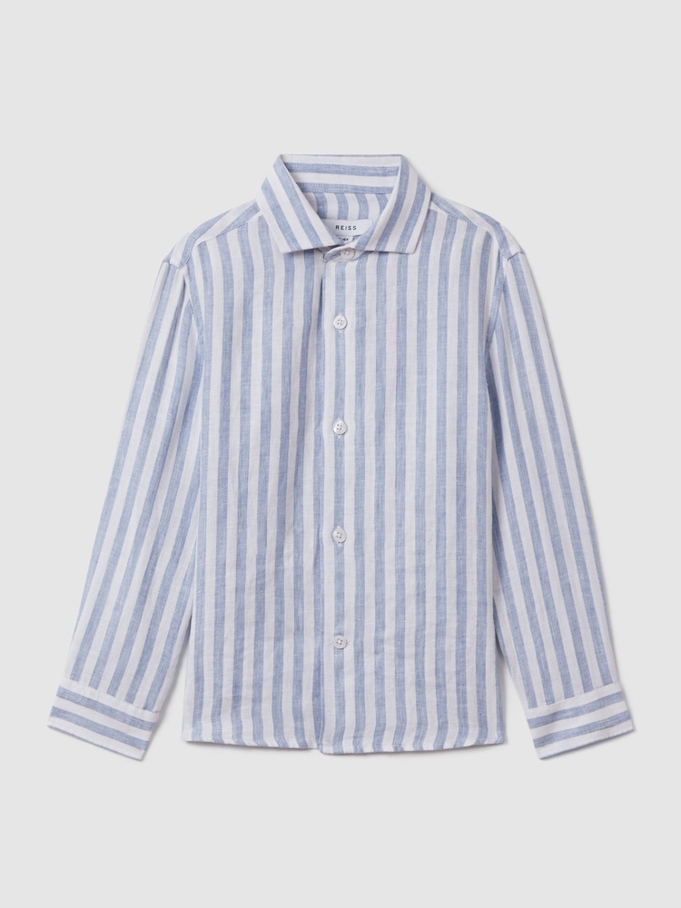 Reiss Soft Blue Herringbone Stripe Ruban 13-14 yrs Linen Cutaway Collar Shirt - Image 1 of 4