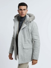 Reiss Grey Melange Tremezzo Atelier Wool Blend Removable Faux Fur Hooded Coat - Image 1 of 9