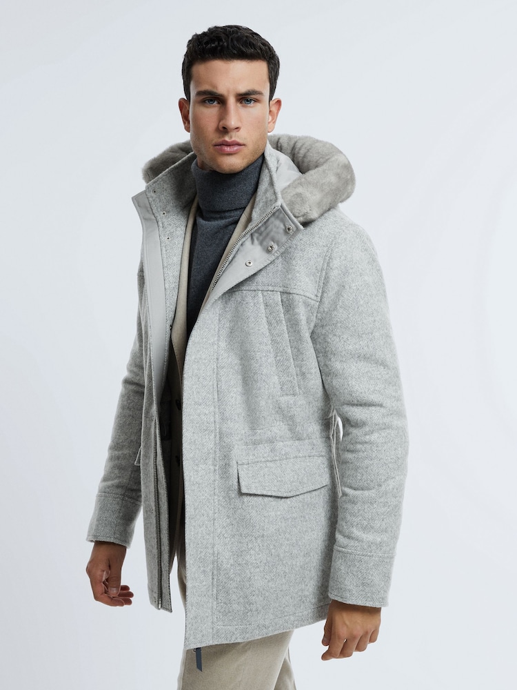 Reiss Grey Melange Tremezzo Atelier Wool Blend Removable Faux Fur Hooded Coat - Image 1 of 9