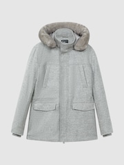 Reiss Grey Melange Tremezzo Atelier Wool Blend Removable Faux Fur Hooded Coat - Image 2 of 9