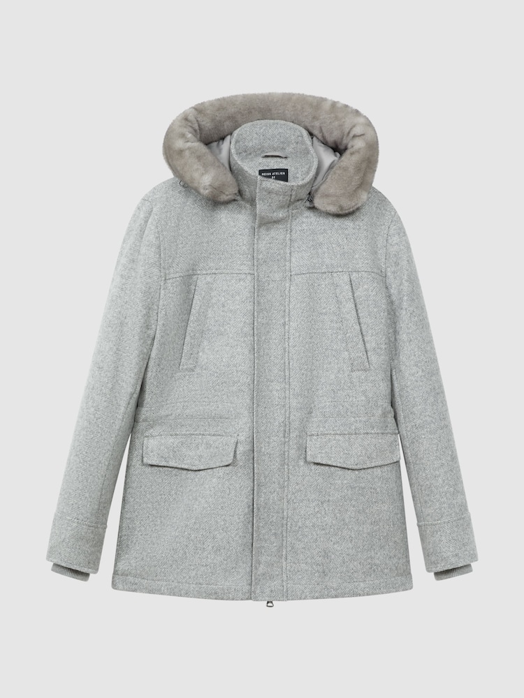 Reiss Grey Melange Tremezzo Atelier Wool Blend Removable Faux Fur Hooded Coat - Image 2 of 9