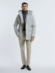 Reiss Grey Melange Tremezzo Atelier Wool Blend Removable Faux Fur Hooded Coat - Image 3 of 9
