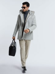Reiss Grey Melange Tremezzo Atelier Wool Blend Removable Faux Fur Hooded Coat - Image 6 of 9