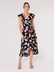 Apricot Black Multi Watercolour Floral Midi Dress - Image 1 of 4