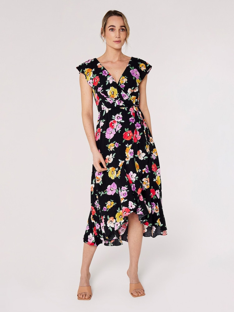 Apricot Black Multi Watercolour Floral Midi Dress - Image 1 of 4