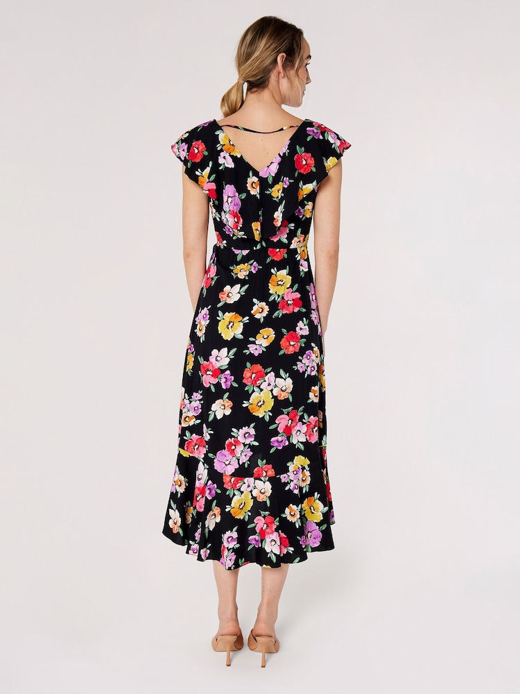Apricot Black Multi Watercolour Floral Midi Dress - Image 2 of 4