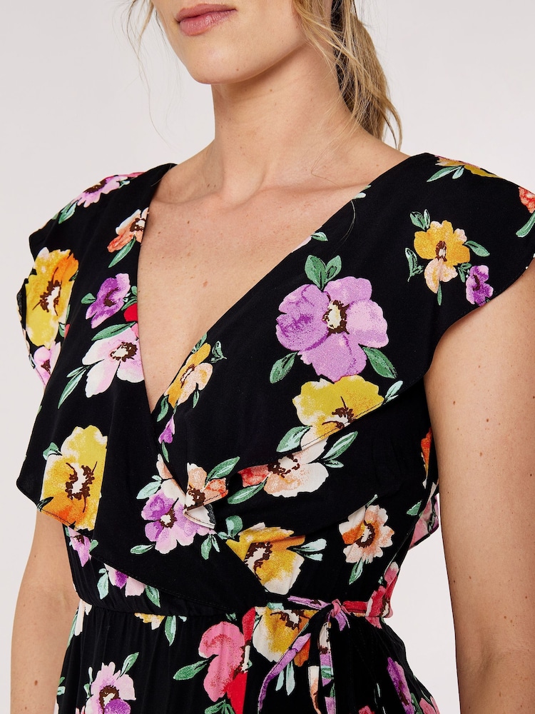 Apricot Black Multi Watercolour Floral Midi Dress - Image 4 of 4