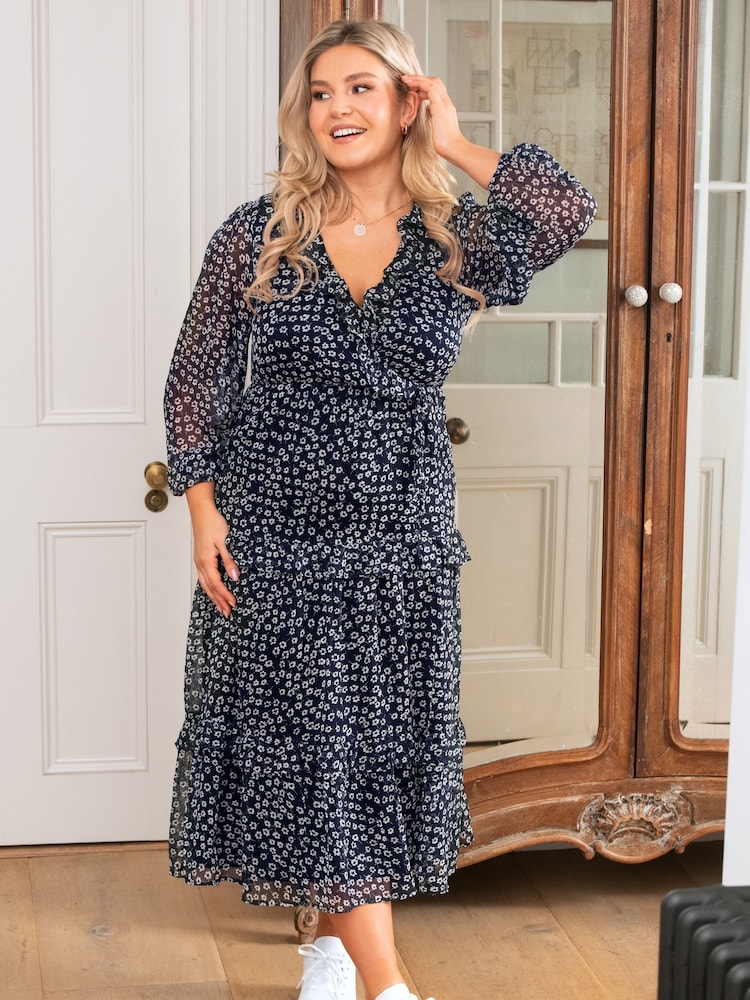 Pour Moi Black Ditsy Print Chiffon Frill Midaxi Dress - Image 1 of 5