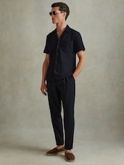 Reiss Navy Nitus Herringbone Cuban Collar Shirt - Image 1 of 4