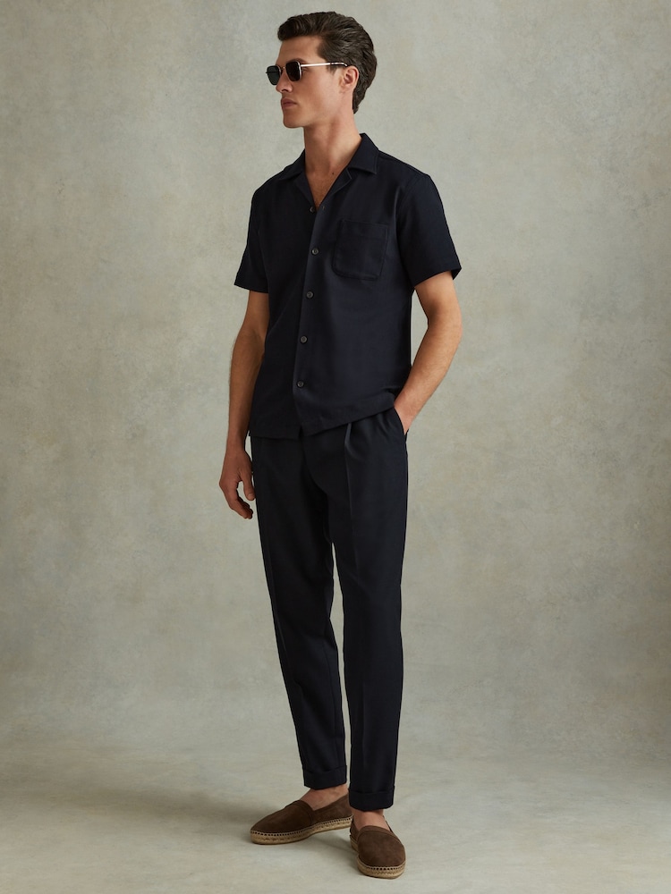 Reiss Navy Nitus Herringbone Cuban Collar Shirt - Image 1 of 4