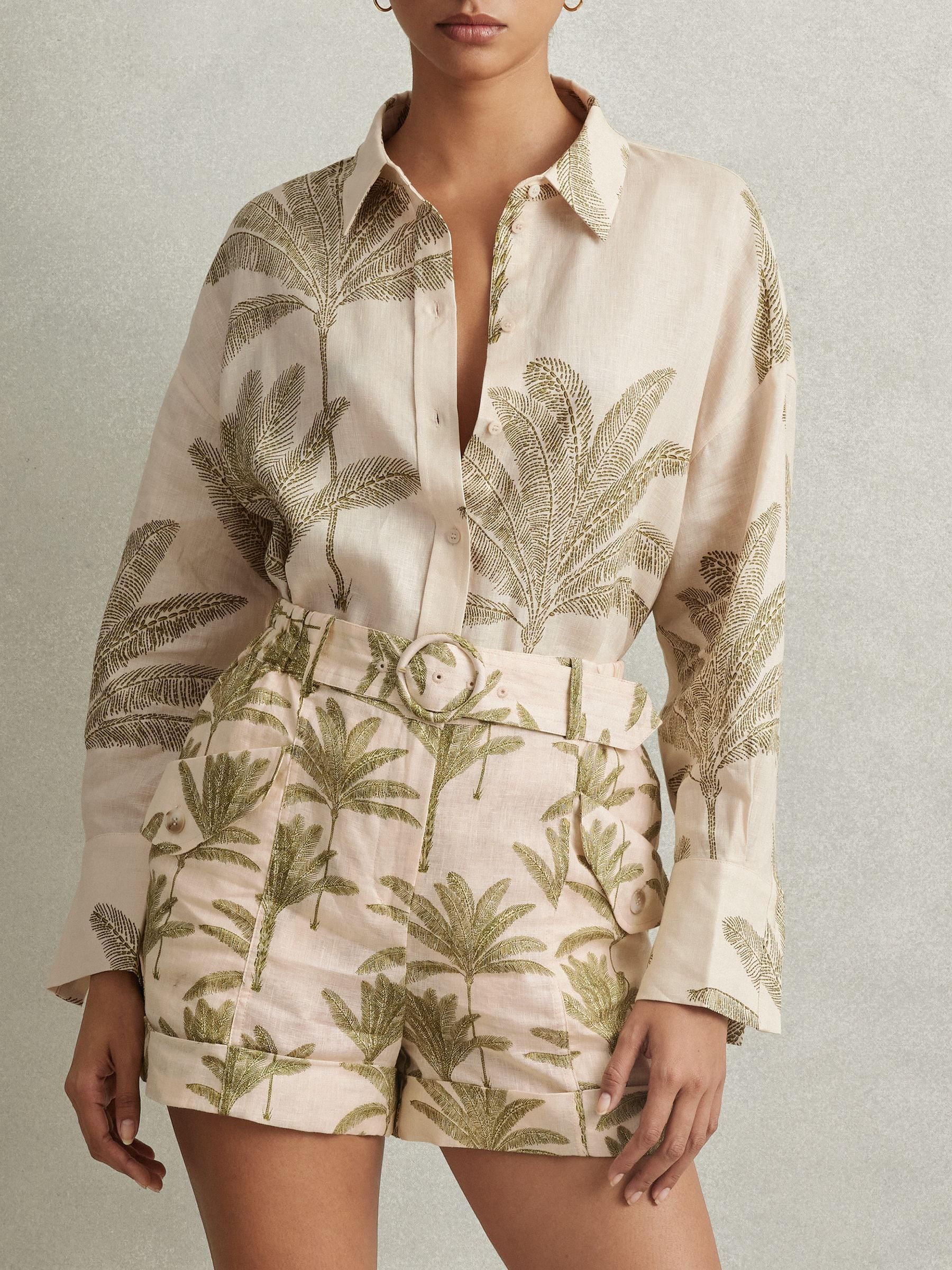 【海外限定】REISSドレス☆Neutral Carla Linen Palm Print Halt Lサイズあり【IRMA/イルマ】フラワー刺繍/ レース/ スリット