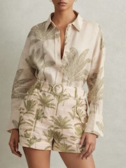 Reiss Neutral Cali Linen Tropical Print Shorts - Image 1 of 5