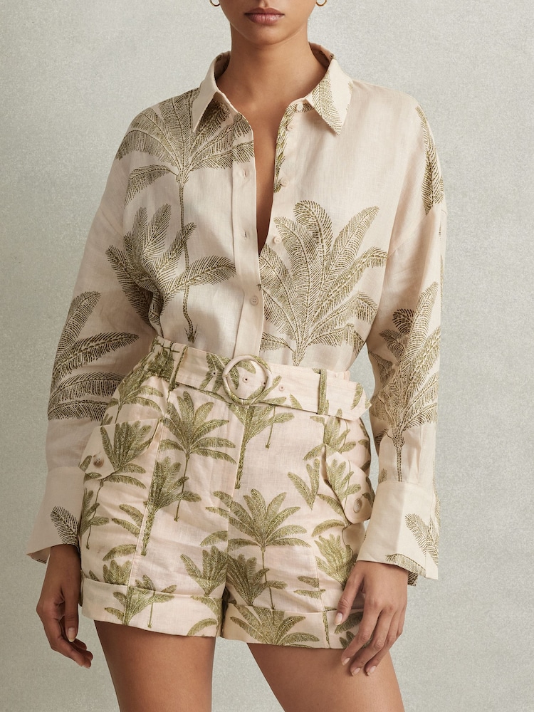 Reiss Neutral Cali Linen Tropical Print Shorts - Image 1 of 5