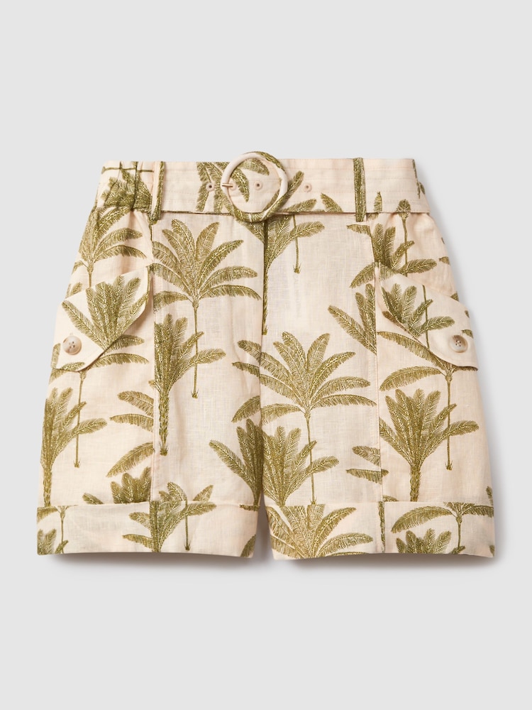 Reiss Neutral Cali Linen Tropical Print Shorts - Image 2 of 5