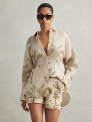 Reiss Neutral Cali Linen Tropical Print Shorts - Image 3 of 5