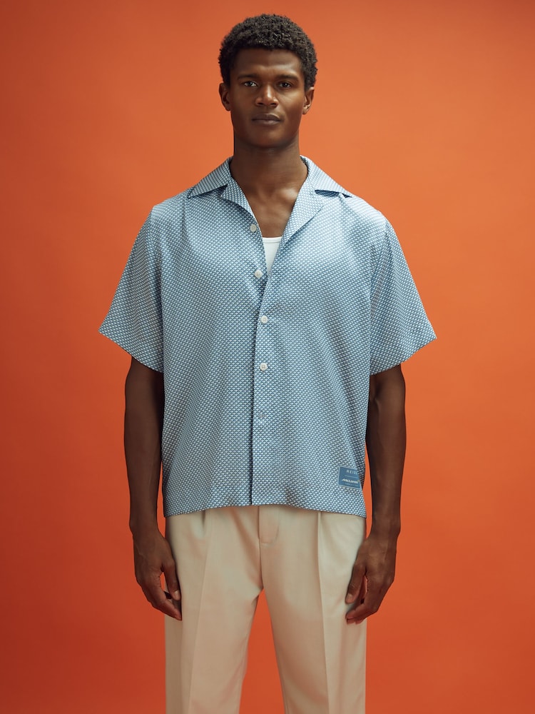 Reiss x McLaren F1 Team Airforce Blue Cuban Collar Shirt - Image 1 of 7 Reiss x McLaren F1 Team Airforce Blue Cuban Collar Shirt - Image 1 of 7