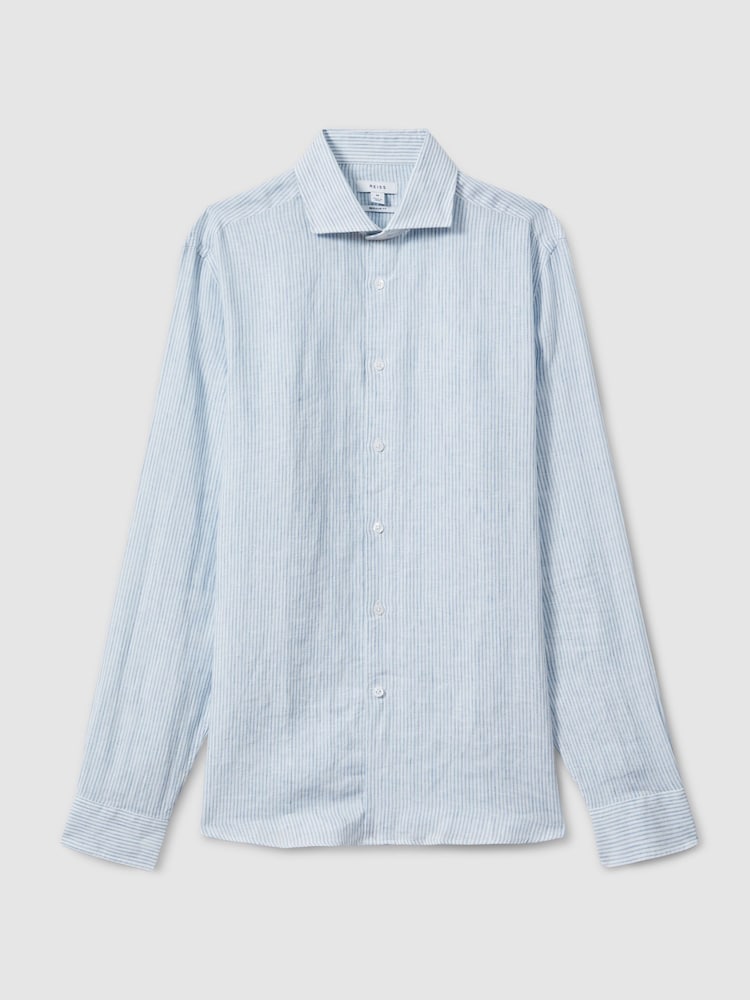 Reiss Soft Blue Fine Stripe Ruban Linen Button-Through Shirt - Image 2 of 6